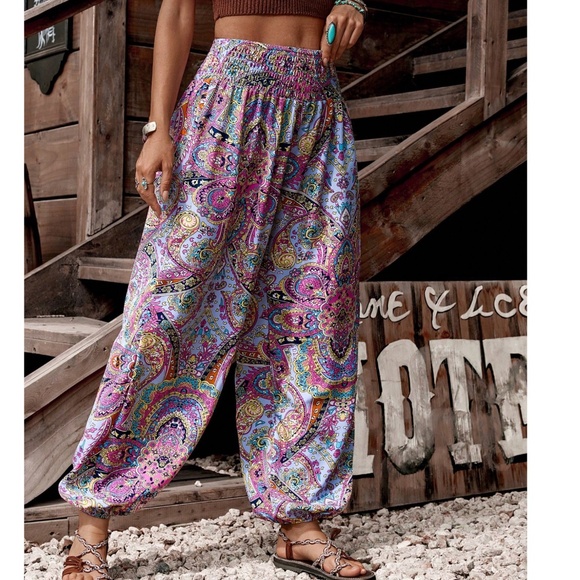 Boho Floral Print Stretchy Waist Jogger Pants - Picture 2 of 4